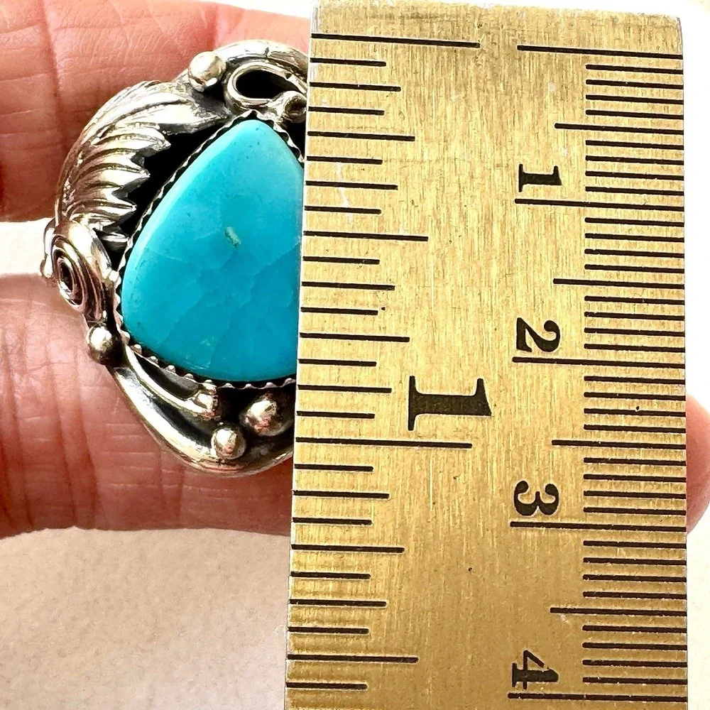Navajo Turquoise Mens Ring Sz 14 Leaf Feather Signed Morgan Sterling Native Amer